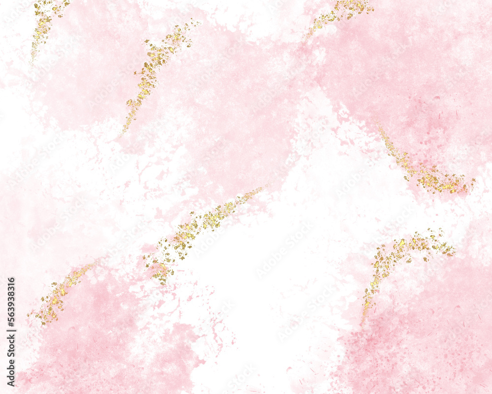 Fototapeta premium Rose pink liquid watercolor background with golden dots. Dusty blush marble alcohol ink drawing effect. design template for wedding invitation, menu, rsvp.