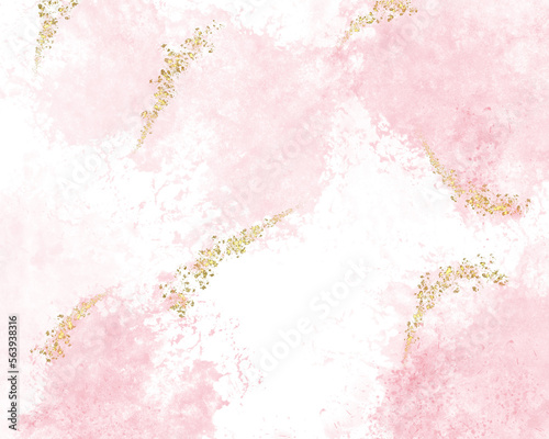 Fototapeta Naklejka Na Ścianę i Meble -  Rose pink liquid watercolor background with golden dots. Dusty blush marble alcohol ink drawing effect. design template for wedding invitation, menu, rsvp.