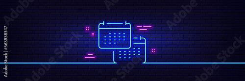 Neon light glow effect. Calendar line icon. Annual planner sign. Change event schedule symbol. 3d line neon glow icon. Brick wall banner. Calendar outline. Vector
