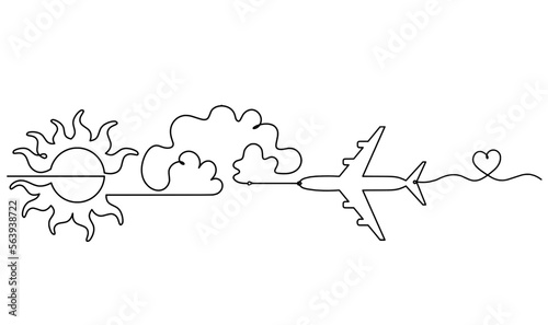 Abstract sun with plane as line drawing on white background. Vector