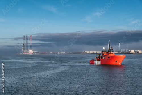 Security oil wind vessel outside Esbjerg harbor in Denmark photo