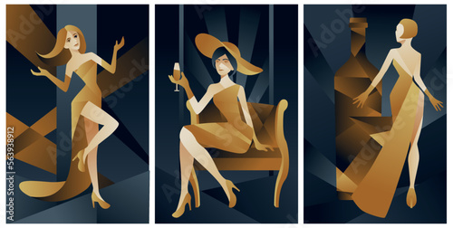 art deco illustrations of bottle of wine and fashion ladies	