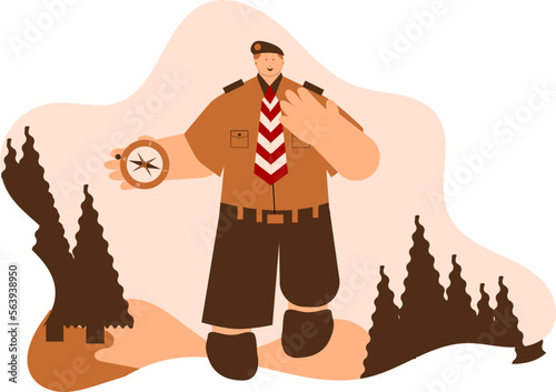 a fat boy wearing a scout uniform equipped with a hat and brown shoes was standing carrying scout signs
