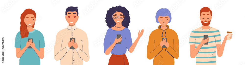 Young people in a casual clothes looks at the phones. Happy teenagers. Flat cartoon Illustration on transparent background Young people in a casual clothes looks at the phones. Happy teenagers. Flat cartoon Illustration on transparent background