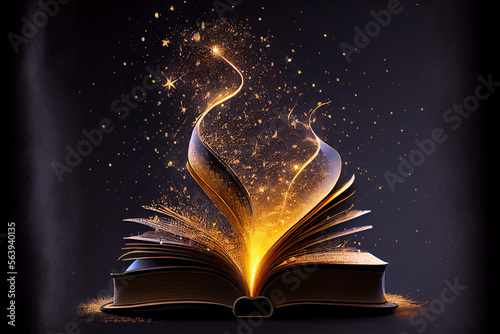 Cinematic Gold and Black Magic Book with Magic Light: An Illustration of Fantasy, Education, and Wisdom