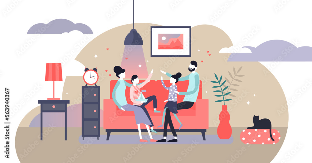 Family at home illustration, transparent background. Flat tiny together joy persons concept. Cheerful evening happiness visualization with classical parents and children relationship.