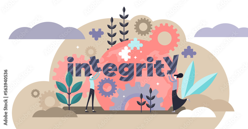 Integrity illustration, transparent background. Flat tiny honest persons character concept. Together partnership holds word text. Ethical behavior and values definition visualization.