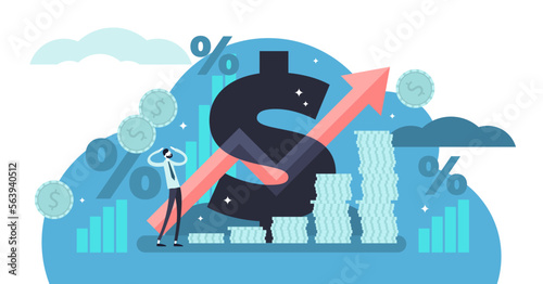 Inflation illustration, transparent background. Flat tiny person concept with basic economy term. Money value recession and price increase process. Finance market risk crisis in percentage rate.