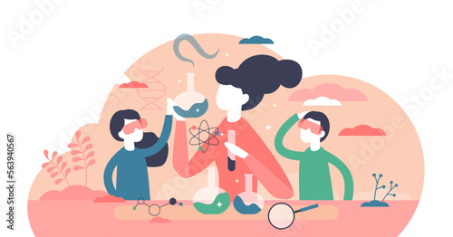Kids science illustration, transparent background. Experiment laboratory flat tiny persons concept. Children and teacher research process with chemistry flasks and cognitive curiosity.