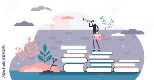 Knowledge illustration, transparent background. Smart wisdom persons in flat tiny concept. Wider and far reaching vision from learning and reading books in academic education.