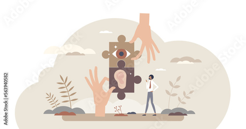 Listening and vision as connected human perception senses tiny person concept, transparent background. Ear and eyes for information observation as jigsaw puzzle pieces illustration.