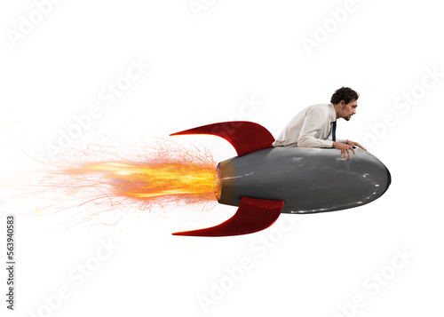 businessman flies fast by a power rocket as determination and competition concept photo