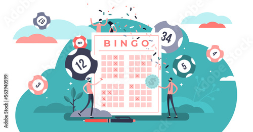 Lottery illustration, transparent background. Flat tiny bingo game win luck persons concept. Gambling business and entertainment process. Bingo prize and lotto ticket investment.