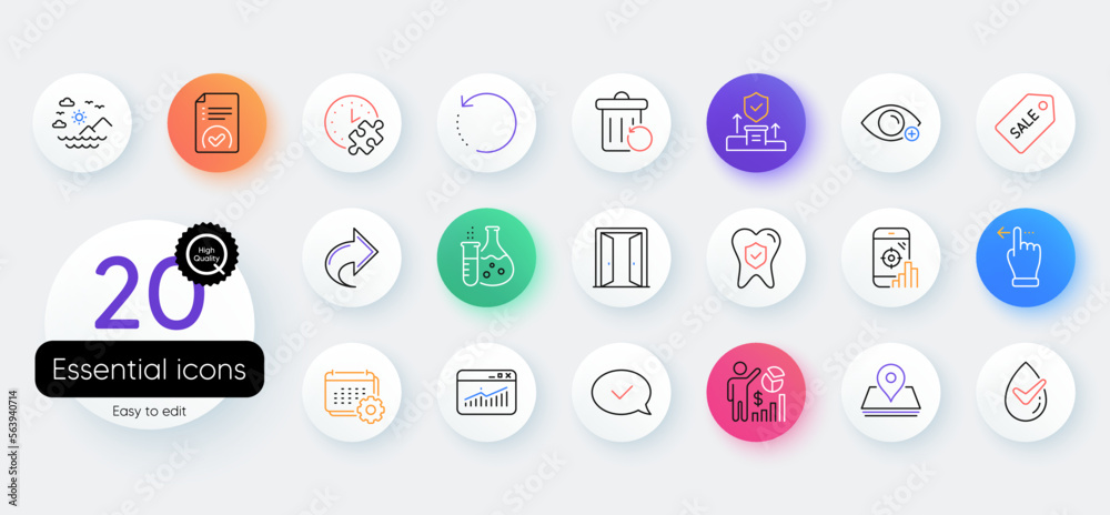 Simple set of Sea mountains, Dermatologically tested and Recovery data line icons. Include Puzzle time, Approved message, Dental insurance icons. Share, Recovery trash. Vector Simple set of Sea mountains, Dermatologically tested and Recovery data line icons. Include Puzzle time, Approved message, Dental insurance icons. Share, Recovery trash. Vector