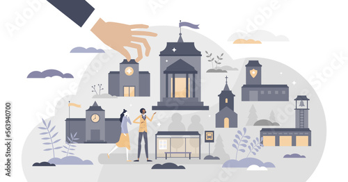 Municipality authority with administrative buildings set tiny person concept, transparent background. Hospital, town hall, church, fire. photo