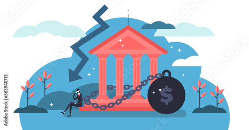 National debt illustration, transparent background. Tiny government credit persons concept. Global and domestic money loss problem. Bad economy and finance deficit risk symbol.