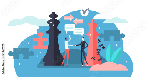 Negotiation illustration, transparent background. Flat tiny persons discussion about rules. Business communication symbol for cooperation, partnership and contract agreement deal.