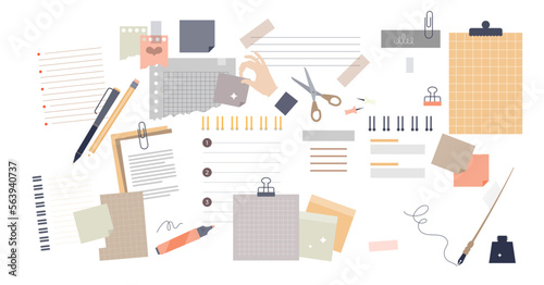 Notes and paper stationery for memos writing and reminders tiny persons set, transparent background.Object collection for office work and business appointments illustration.