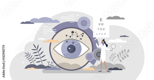 Ophthalmology as eye and vision healthcare occupation tiny person concept, transparent background. Medical sight checkup, diagnosis and look treatment illustration.