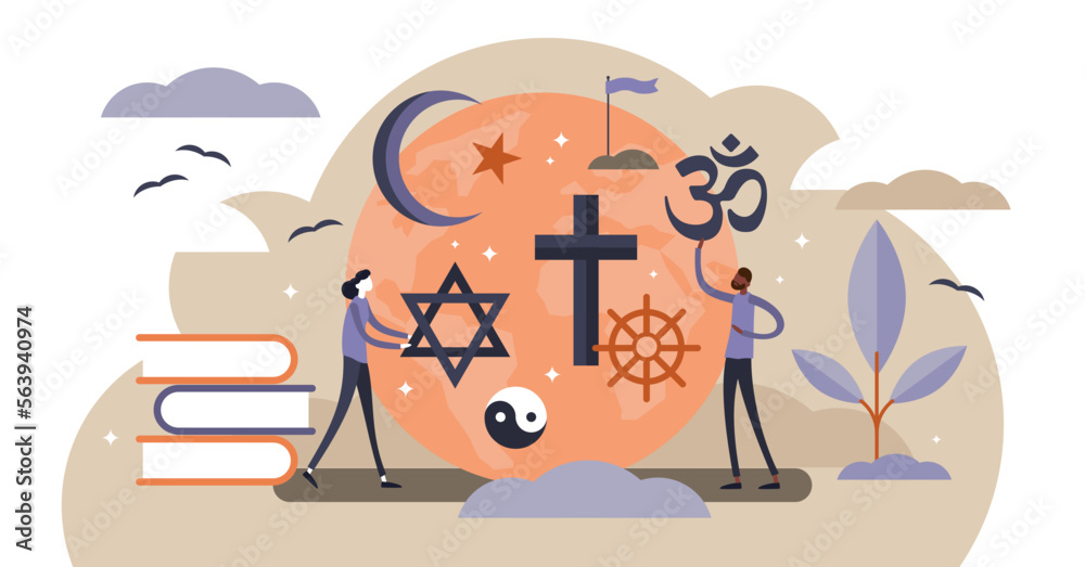 Religion illustration, transparent background. Flat tiny symbolic element collection persons concept. Theology study and knowledge about christianity, islam and muslim ethnic heritage.