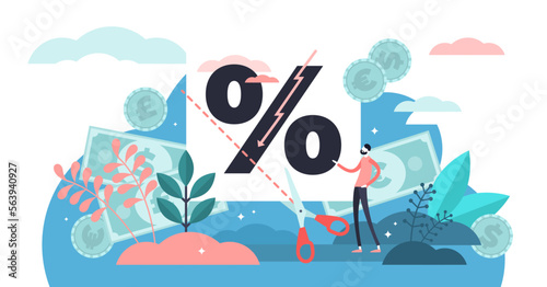 Rate cut illustration, transparent background. Flat tiny price percentage reduction persons concept. Reduce federal funds target. Financial and economical term abstract visualization.