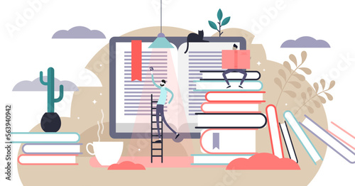 Reading illustration, transparent background. Flat tiny paper book text study persons concept. Abstract knowledge and wisdom expansion from library learning. Information documents and encyclopedia.