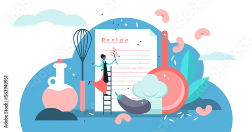 Recipes illustration, transparent background. Flat tiny chef write ingredients list concept. Kitchen cooking book with healthy and tasty meal dinner. Organic gourmet dish for vegetarian.