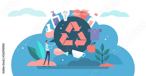 Recycle illustration, transparent background. Flat tiny products second life person concept. Reuse plastic, paper and glass rubbish, waste and trash to save earth energy.