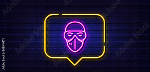 Neon light speech bubble. Medical mask line icon. Safety breathing respiratory mask sign. Coronavirus face protection glasses symbol. Neon light background. Medical mask glow line. Vector