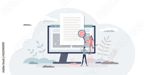 Reviewing paperwork and checking for mistakes or errors tiny person concept, transparent background. Agreement audit, legal analysis and project contract inspection illustration.
