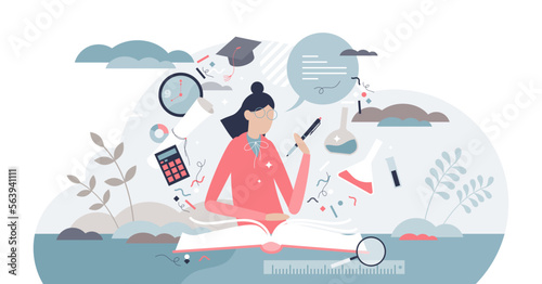 Studying process as learning knowledge from literature tiny persons concept, transparent background. Academic education process with personal development from books illustration.