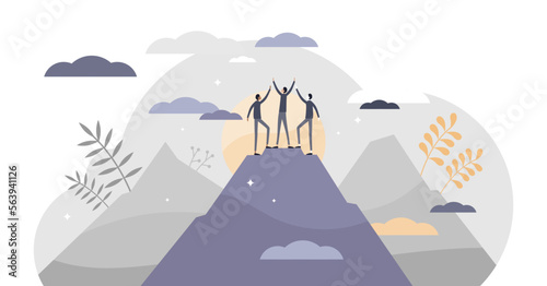 Success achievement and top goal fulfillment teamwork tiny persons concept, transparent background. Abstract scene with peak top as business progress and target reaching symbol illustration.
