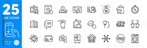 Outline icons set. Buying accessory, Augmented reality and Idea icons. Solar panels, Buildings, Air conditioning web elements. Coal trolley, Scroll down, Opinion signs. Move gesture. Vector