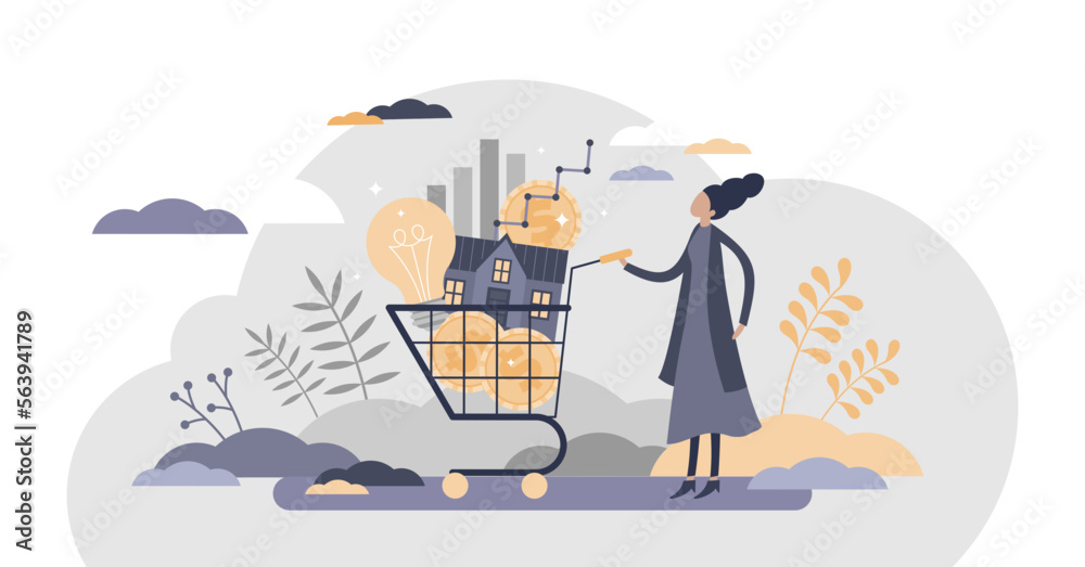 Cost of living with expenses consumption in cart flat tiny persons concept, transparent background. Family budget plan with affordable payments illustration. Lifestyle price for electricity.