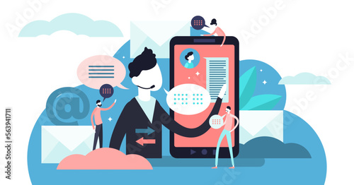 Communication illustration, transparent background.Flat tiny talk or chat persons concept.Social connection technology and modern media device.