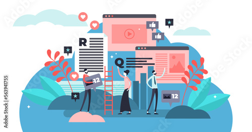 Content illustration, transparent background. Flat tiny text blog development person concept