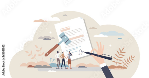 Employment law agreement and labor legislation document tiny person concept, transparent background. Employer or employee legal protection from lawsuits and authority illustration.