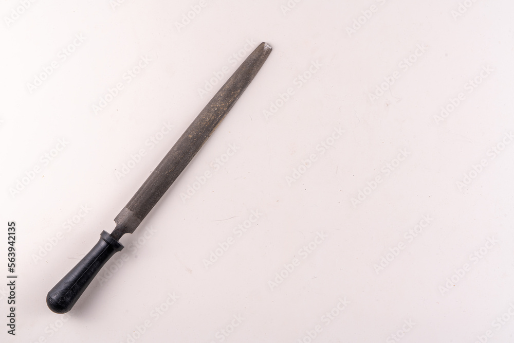 Top view of used rasp isolated on white background with text space.