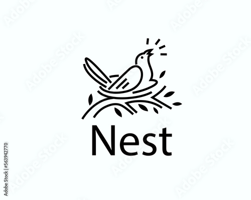 line art bird singing in nest logo icon symbol design template illustration
