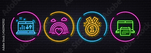 Approved, Sound check and Lgbt minimal line icons. Neon laser 3d lights. Calendar icons. For web, application, printing. Winner badge, Dj controller, Rainbow heart. Computer schedule. Vector