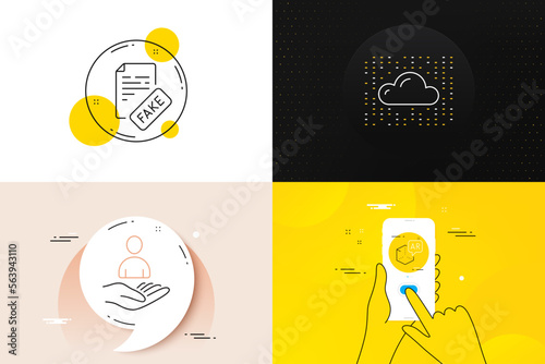 Minimal set of Cloud system, Augmented reality and Fake news line icons. Phone screen, Quote banners. Recruitment icons. For web development. Data storage, Virtual reality, Wrong fact. Hr. Vector