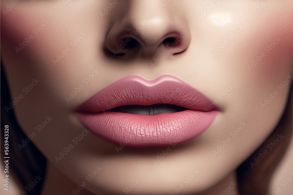 Close up of lips with pastel pink lipstick. Beautiful woman face natural make up, fashion. AI generative Close up of lips with pastel pink lipstick. Beautiful woman face natural make up, fashion. AI generative