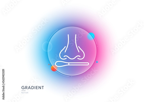 Nasal swab test line icon. Gradient blur button with glassmorphism. Nose with cotton swab sign. Coronavirus testing symbol. Transparent glass design. Nasal test line icon. Vector