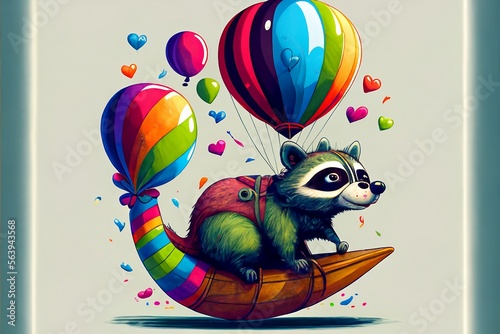 Cartoon Racoon with colorful balloons