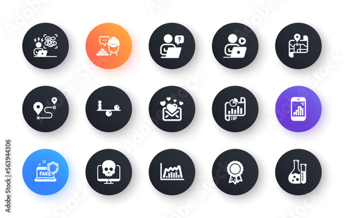 Minimal set of Journey, Video conference and Cyber attack flat icons for web development. Balance, Build, Report document icons. Graph phone, Online question, Map web elements. Love mail. Vector