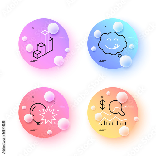 Check investment, Yummy smile and Balloon dart minimal line icons. 3d spheres or balls buttons. 3d chart icons. For web, application, printing. Business report, Comic chat, Attraction park. Vector