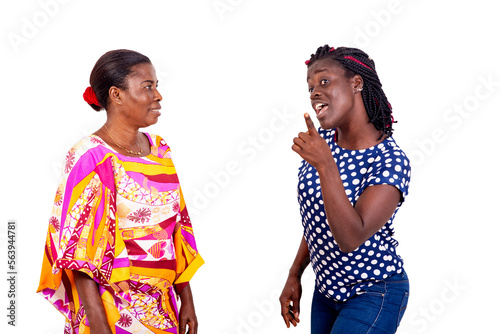 young girl talking gesturing finger near her mother.