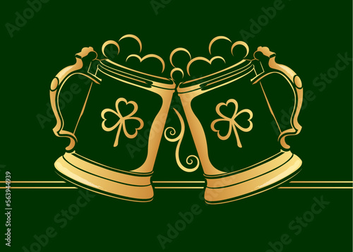 A pair of golden beer pints clanking, delicate mug design on dark green
