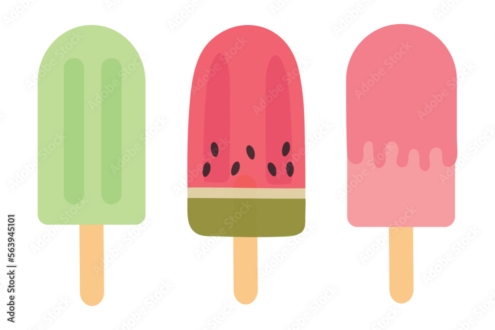 Popsicle ice cream set on a stick. Vector illustration isolated on white background Popsicle ice cream set on a stick. Vector illustration isolated on white background