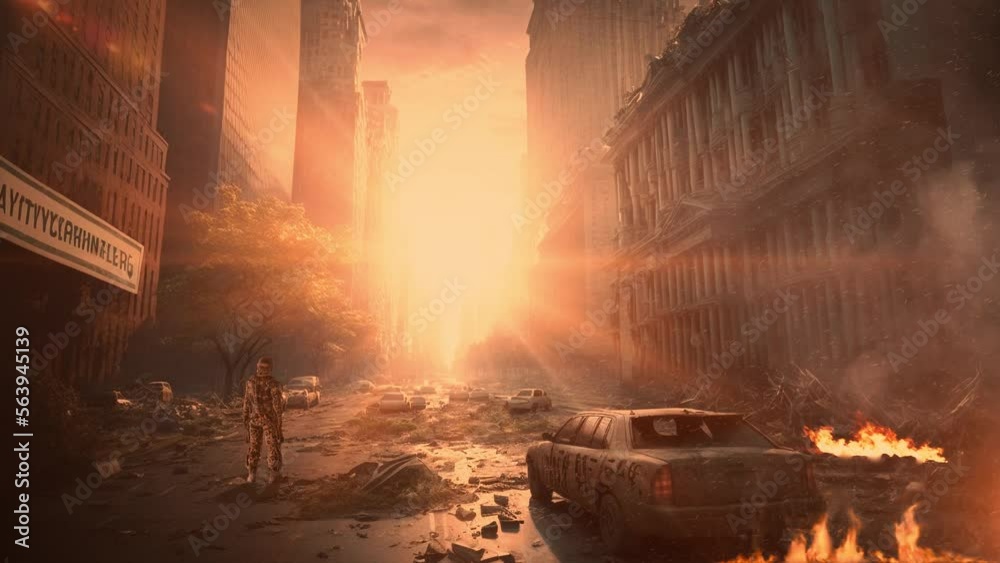 Ruined cityscape on sunset. Back view of soldier. Apocalypse concept 